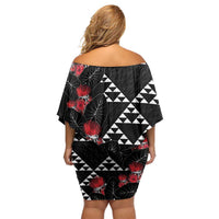 Hawaiian White Kakau Art Tattoo-Ohia Lehua and Taro Leaves Off Shoulder Short Dress