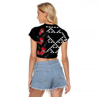 Hawaiian White Kakau Art Tattoo-Ohia Lehua and Taro Leaves Raglan Cropped T Shirt