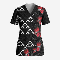 Hawaiian White Kakau Art Tattoo-Ohia Lehua and Taro Leaves Scrub Top - Polynesian Pride