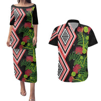 Aotearoa Tukutuku Motif Couples Matching Puletasi and Hawaiian Shirt Pohutukawa and Fern Leaves