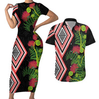 Aotearoa Tukutuku Motif Couples Matching Short Sleeve Bodycon Dress and Hawaiian Shirt Pohutukawa and Fern Leaves