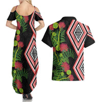 Aotearoa Tukutuku Motif Couples Matching Summer Maxi Dress and Hawaiian Shirt Pohutukawa and Fern Leaves