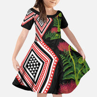 Aotearoa Tukutuku Motif Family Matching Mermaid Dress and Hawaiian Shirt Pohutukawa and Fern Leaves