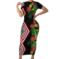 Aotearoa Tukutuku Motif Family Matching Short Sleeve Bodycon Dress and Hawaiian Shirt Pohutukawa and Fern Leaves