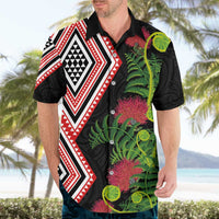 Aotearoa Tukutuku Motif Hawaiian Shirt Pohutukawa and Fern Leaves
