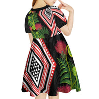 Aotearoa Tukutuku Motif Kid Short Sleeve Dress Pohutukawa and Fern Leaves