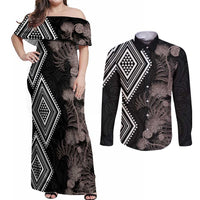 Aotearoa Tukutuku Motif Couples Matching Off Shoulder Maxi Dress and Long Sleeve Button Shirt Pohutukawa and Fern Leaves Grayscale Color