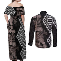 Aotearoa Tukutuku Motif Couples Matching Off Shoulder Maxi Dress and Long Sleeve Button Shirt Pohutukawa and Fern Leaves Grayscale Color