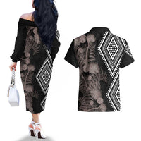 Aotearoa Tukutuku Motif Couples Matching Off The Shoulder Long Sleeve Dress and Hawaiian Shirt Pohutukawa and Fern Leaves Grayscale Color