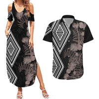 Aotearoa Tukutuku Motif Couples Matching Summer Maxi Dress and Hawaiian Shirt Pohutukawa and Fern Leaves Grayscale Color