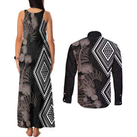 Aotearoa Tukutuku Motif Couples Matching Tank Maxi Dress and Long Sleeve Button Shirt Pohutukawa and Fern Leaves Grayscale Color