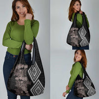 Aotearoa Tukutuku Motif Grocery Bag Pohutukawa and Fern Leaves Grayscale Color