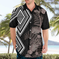 Aotearoa Tukutuku Motif Hawaiian Shirt Pohutukawa and Fern Leaves Grayscale Color