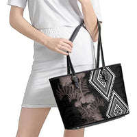 Aotearoa Tukutuku Motif Leather Tote Bag Pohutukawa and Fern Leaves Grayscale Color