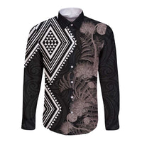 Aotearoa Tukutuku Motif Long Sleeve Button Shirt Pohutukawa and Fern Leaves Grayscale Color