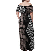 Aotearoa Tukutuku Motif Off Shoulder Maxi Dress Pohutukawa and Fern Leaves Grayscale Color