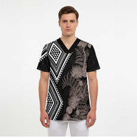 Aotearoa Tukutuku Motif Scrub Top Pohutukawa and Fern Leaves Grayscale Color - Polynesian Pride