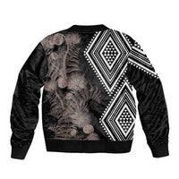 Aotearoa Tukutuku Motif Sleeve Zip Bomber Jacket Pohutukawa and Fern Leaves Grayscale Color
