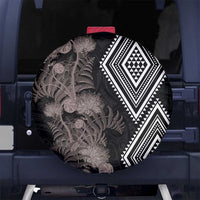 Aotearoa Tukutuku Motif Spare Tire Cover Pohutukawa and Fern Leaves Grayscale Color
