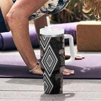Aotearoa Tukutuku Motif Tumbler With Handle Pohutukawa and Fern Leaves Grayscale Color