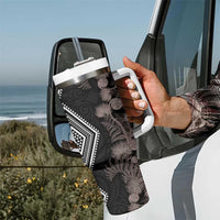 Aotearoa Tukutuku Motif Tumbler With Handle Pohutukawa and Fern Leaves Grayscale Color