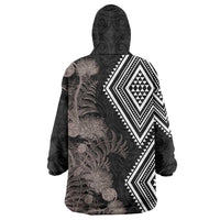 Aotearoa Tukutuku Motif Wearable Blanket Hoodie Pohutukawa and Fern Leaves Grayscale Color