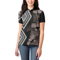 Aotearoa Tukutuku Motif Women Polo Shirt Pohutukawa and Fern Leaves Grayscale Color