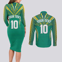 Custom Cook Islands Rugby Couples Matching Long Sleeve Bodycon Dress and Long Sleeve Button Shirt Tatau Art Sport Style Green Color