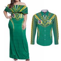 Custom Cook Islands Rugby Couples Matching Off Shoulder Maxi Dress and Long Sleeve Button Shirt Tatau Art Sport Style Green Color