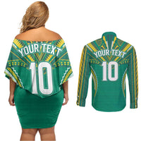 Custom Cook Islands Rugby Couples Matching Off Shoulder Short Dress and Long Sleeve Button Shirt Tatau Art Sport Style Green Color