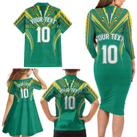 Custom Cook Islands Rugby Family Matching Long Sleeve Bodycon Dress and Hawaiian Shirt Tatau Art Sport Style Green Color