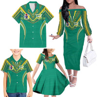 Custom Cook Islands Rugby Family Matching Off The Shoulder Long Sleeve Dress and Hawaiian Shirt Tatau Art Sport Style Green Color