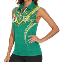 Custom Cook Islands Rugby Women Sleeveless Polo Shirt Tatau Art Sport Style Green Color