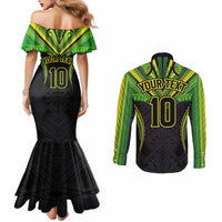 Custom Cook Islands Rugby Couples Matching Mermaid Dress and Long Sleeve Button Shirt Tatau Art Sport Style Black Color