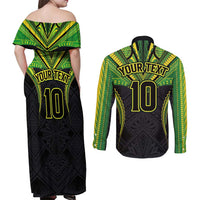 Custom Cook Islands Rugby Couples Matching Off Shoulder Maxi Dress and Long Sleeve Button Shirt Tatau Art Sport Style Black Color