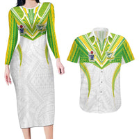 Custom Cook Islands Rugby Couples Matching Long Sleeve Bodycon Dress and Hawaiian Shirt Tatau Art Sport Style White Color