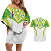 Custom Cook Islands Rugby Couples Matching Off Shoulder Short Dress and Hawaiian Shirt Tatau Art Sport Style White Color