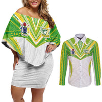 Custom Cook Islands Rugby Couples Matching Off Shoulder Short Dress and Long Sleeve Button Shirt Tatau Art Sport Style White Color