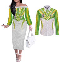 Custom Cook Islands Rugby Couples Matching Off The Shoulder Long Sleeve Dress and Long Sleeve Button Shirt Tatau Art Sport Style White Color