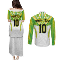 Custom Cook Islands Rugby Couples Matching Puletasi and Long Sleeve Button Shirt Tatau Art Sport Style White Color