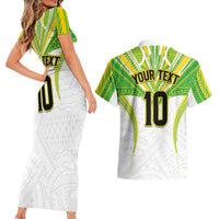 Custom Cook Islands Rugby Couples Matching Short Sleeve Bodycon Dress and Hawaiian Shirt Tatau Art Sport Style White Color