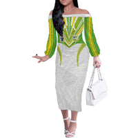 Custom Cook Islands Rugby Off The Shoulder Long Sleeve Dress Tatau Art Sport Style White Color