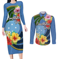 Micronesia Constitution Day Couples Matching Long Sleeve Bodycon Dress and Long Sleeve Button Shirt Hibiscus and Tapa Tribal Pattern LT03 Blue - Polynesian Pride