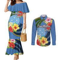 Micronesia Constitution Day Couples Matching Mermaid Dress and Long Sleeve Button Shirt Hibiscus and Tapa Tribal Pattern LT03 Blue - Polynesian Pride