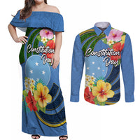 Micronesia Constitution Day Couples Matching Off Shoulder Maxi Dress and Long Sleeve Button Shirt Hibiscus and Tapa Tribal Pattern LT03 Blue - Polynesian Pride