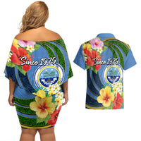Micronesia Constitution Day Couples Matching Off Shoulder Short Dress and Hawaiian Shirt Hibiscus and Tapa Tribal Pattern LT03 - Polynesian Pride
