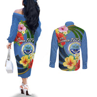 Micronesia Constitution Day Couples Matching Off The Shoulder Long Sleeve Dress and Long Sleeve Button Shirt Hibiscus and Tapa Tribal Pattern LT03 - Polynesian Pride