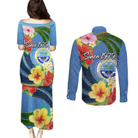 Micronesia Constitution Day Couples Matching Puletasi and Long Sleeve Button Shirt Hibiscus and Tapa Tribal Pattern LT03 - Polynesian Pride