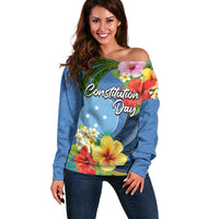 Micronesia Constitution Day Off Shoulder Sweater Hibiscus and Tapa Tribal Pattern LT03 Women Blue - Polynesian Pride