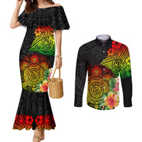 Polynesia Victory Day Couples Matching Mermaid Dress and Long Sleeve Button Shirt Tribal Turtle and Hibiscus LT03 Reggae - Polynesian Pride